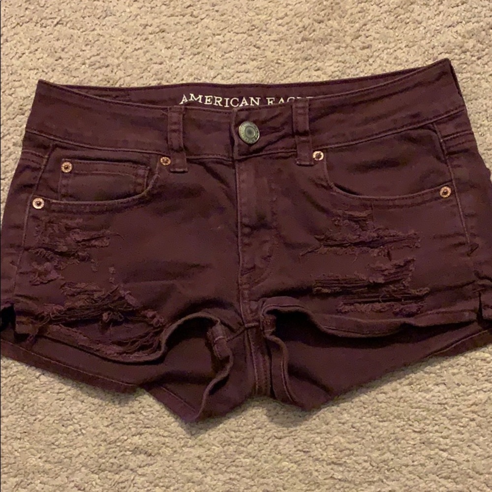 Maroon Destressed Denim Shorts